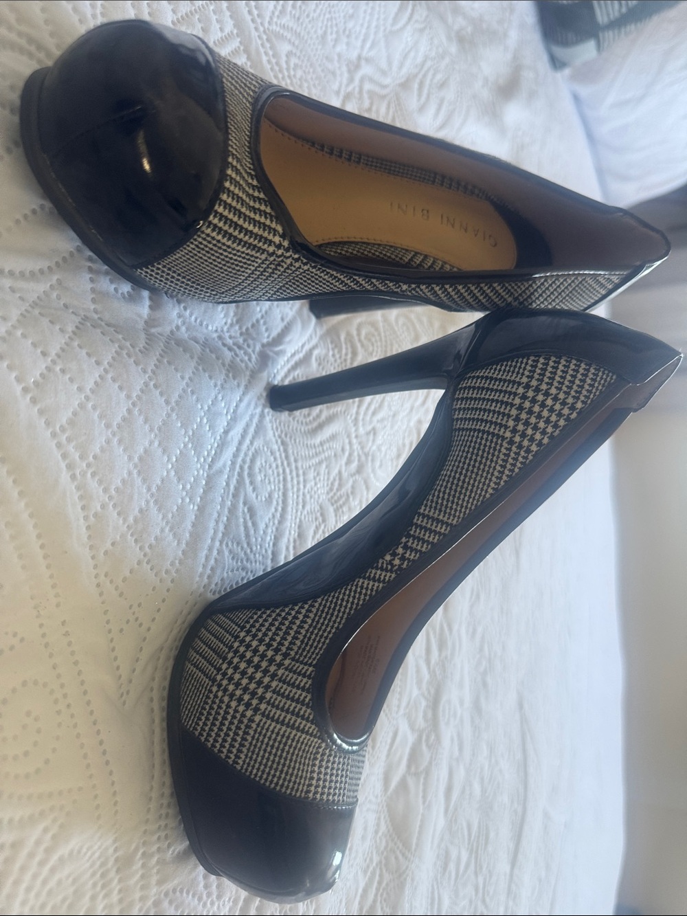 Gianni Bini Black Houndstooth Patent Cap-Toe Pumps